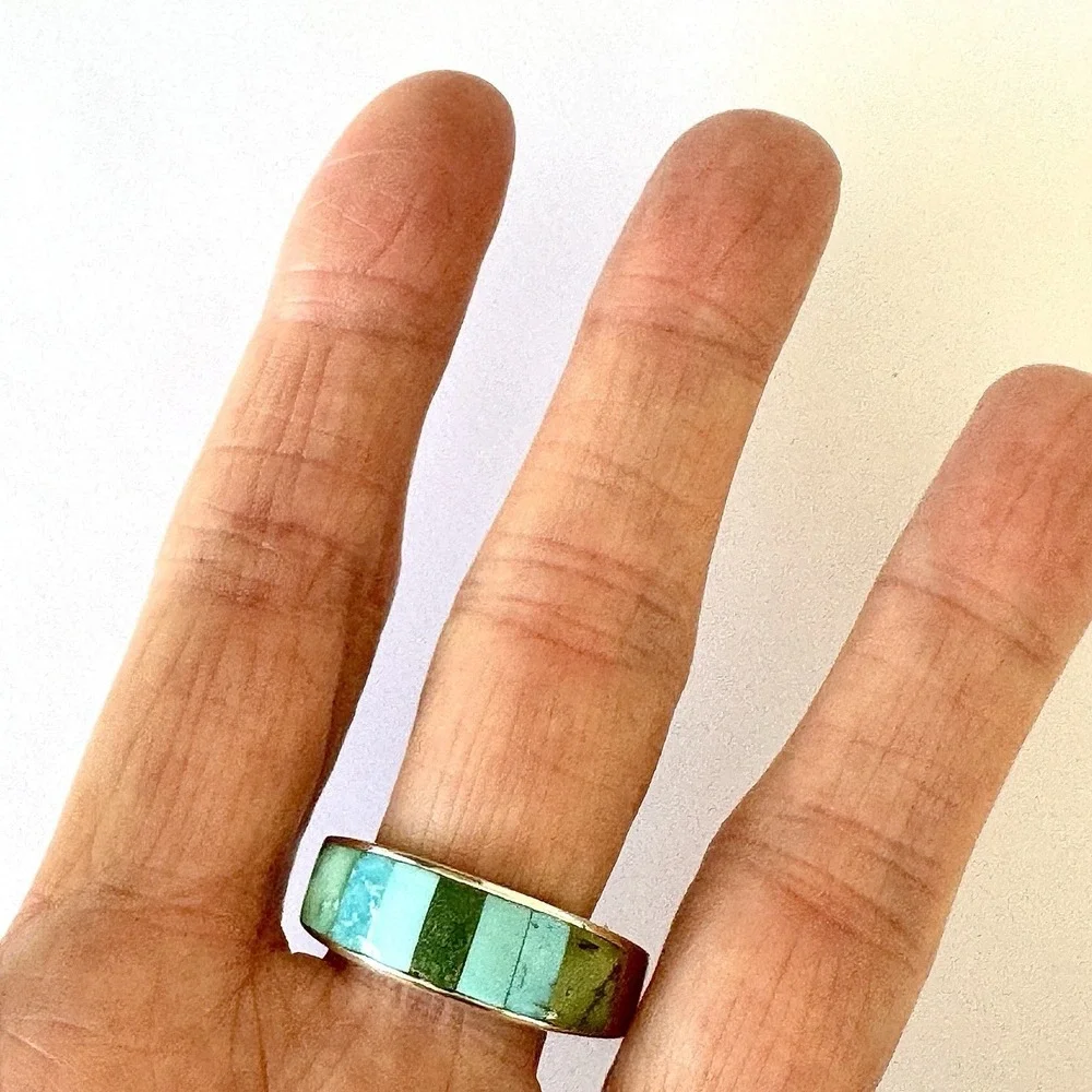Navajo Mens Wedding Band Turquoise Inlay Sz 12.5 Ring 8mm Signed Tsosie Native